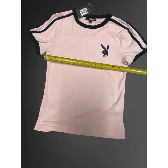 Playboy Womens Pink Ringer T-Shirt Bunny Logo Athletic Stripe Short Sleeve M NEW - Picture 4 of 5